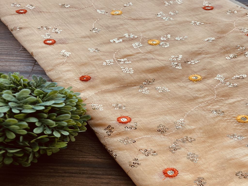 Peach Floral Silver Sequins & Thread Embroidered Chanderi Fabric (Wholesale)