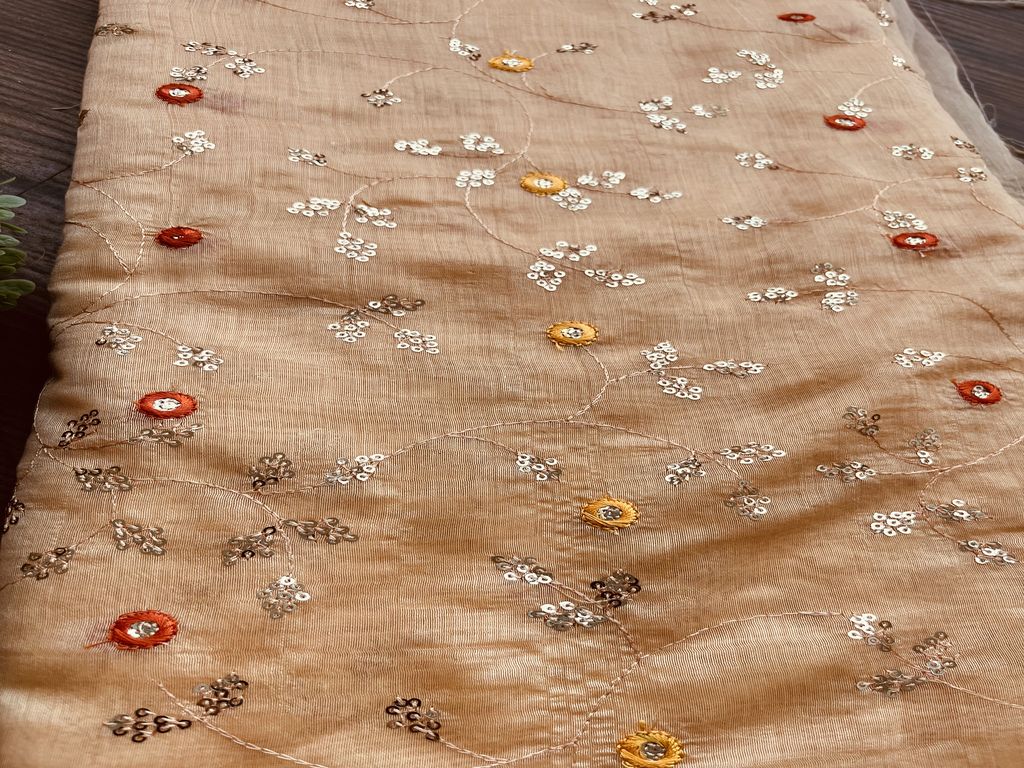 Peach Floral Silver Sequins & Thread Embroidered Chanderi Fabric (Wholesale)