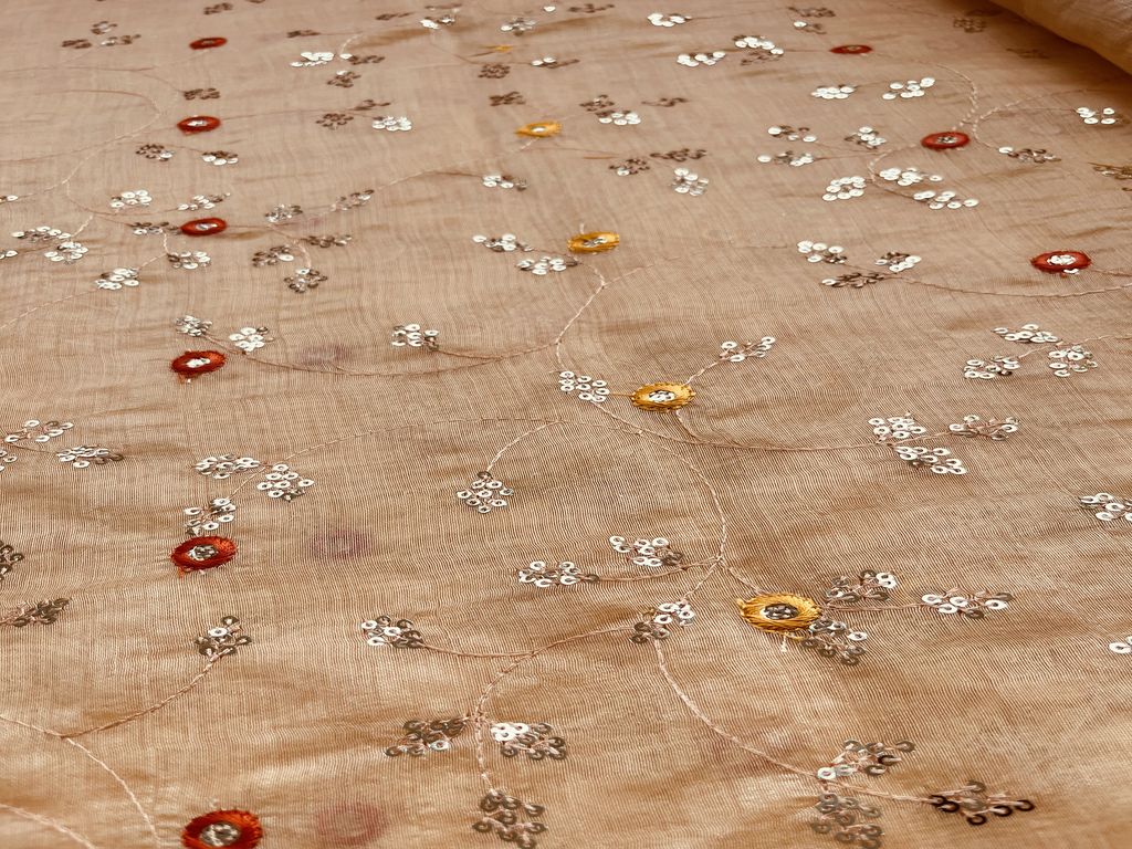 Peach Floral Silver Sequins & Thread Embroidered Chanderi Fabric (Wholesale)