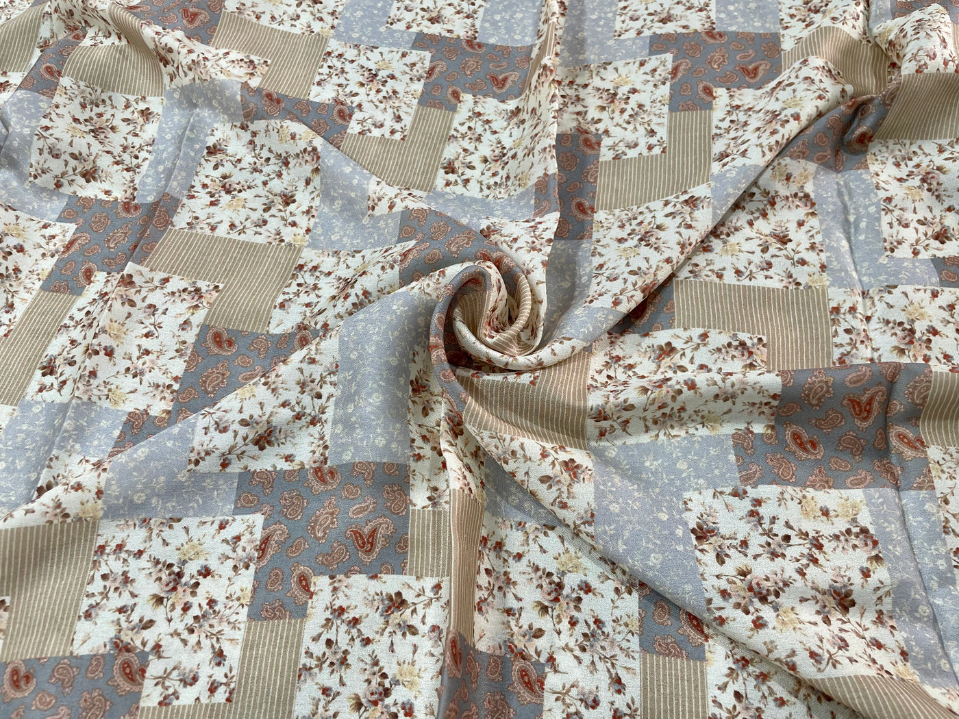 Beige and Gray Digital Printed Moss Crepe Fabric