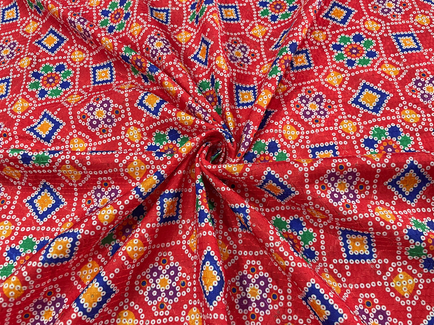 Multicolour Traditional Print With Sequence Worked Cotton Rayon Fabric