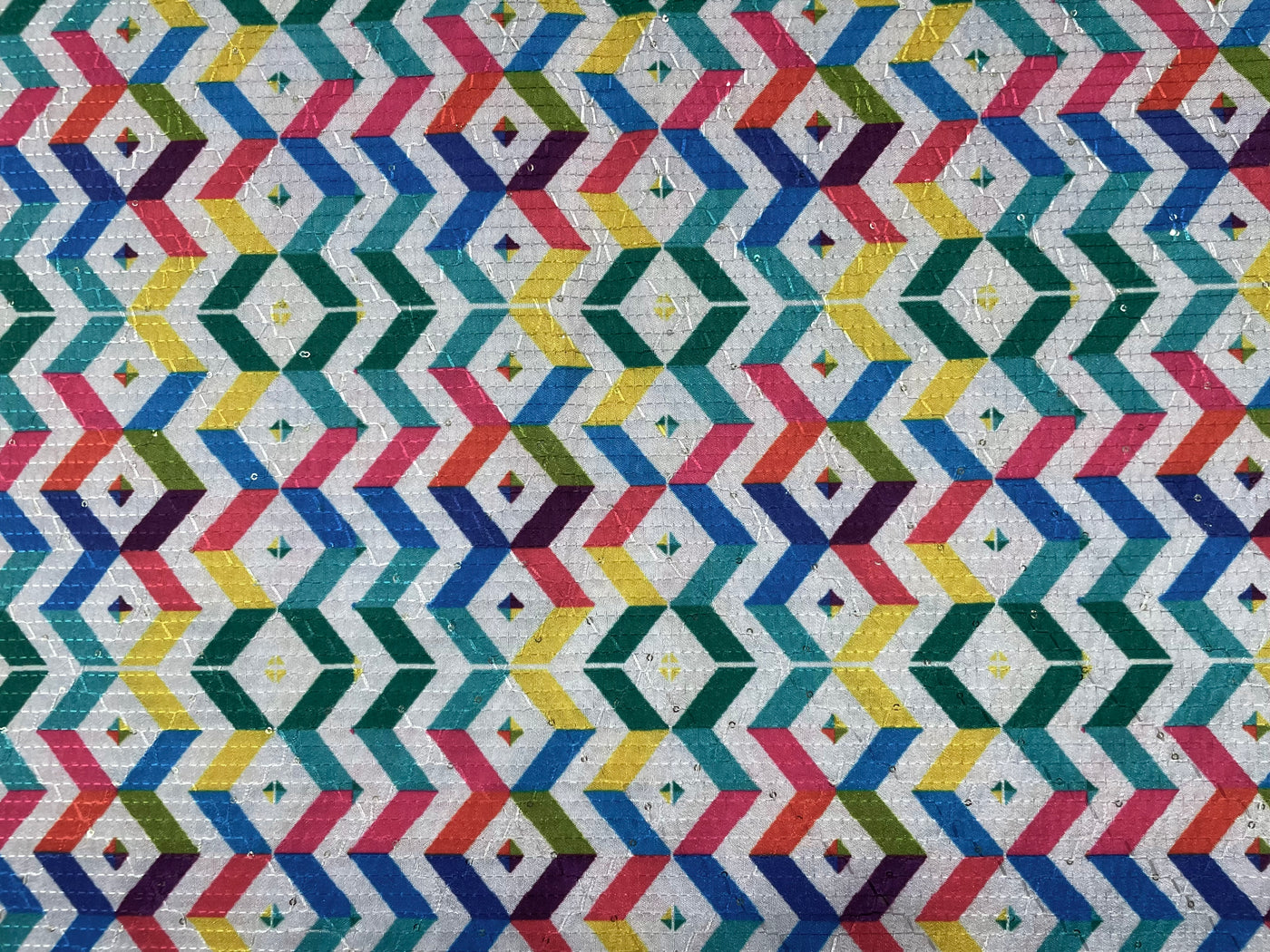 Multicolour Chevron Print With Sequence Worked Cotton Rayon Fabric