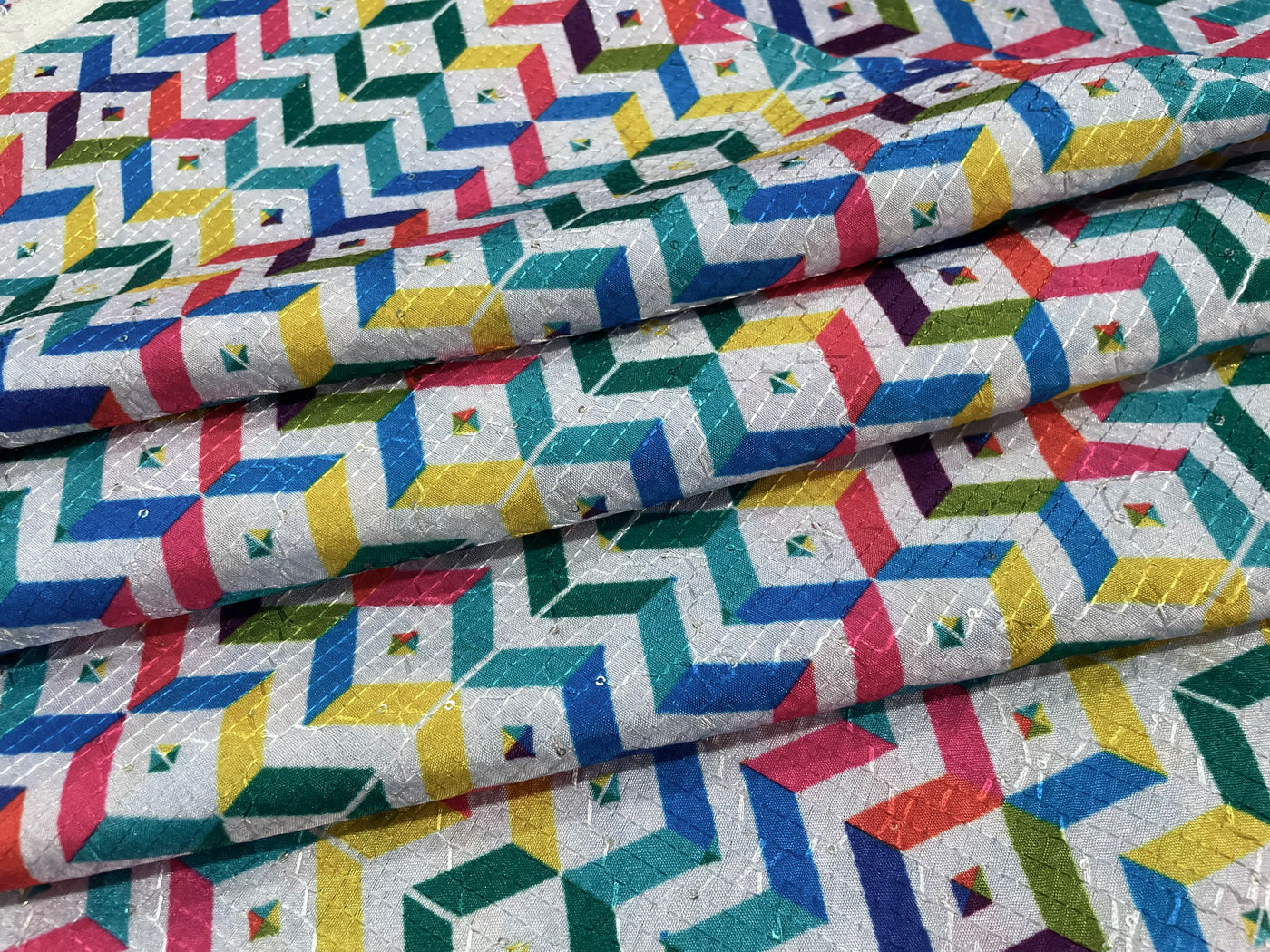 Multicolour Chevron Print With Sequence Worked Cotton Rayon Fabric