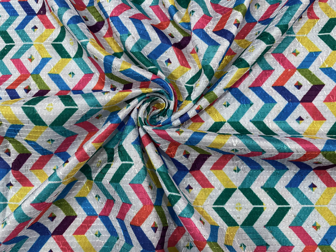 Multicolour Chevron Print With Sequence Worked Cotton Rayon Fabric