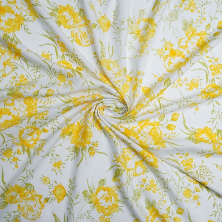 Yellow & White Floral Printed Cotton Rayon Fabric