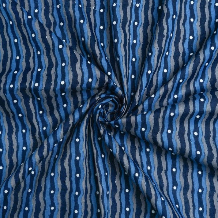 Navy Blue & Grey Waves Printed Pure Cotton Fabric