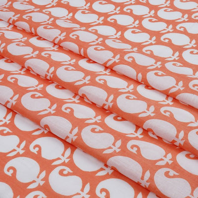 Peach & White Paisleys Printed Pure Cotton Fabric