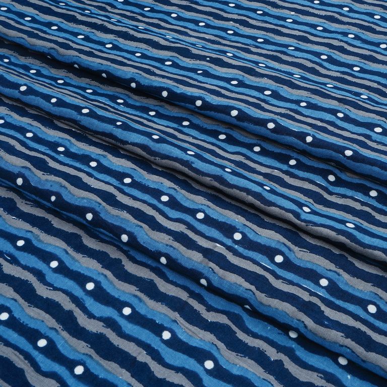 Navy Blue & Grey Waves Printed Pure Cotton Fabric