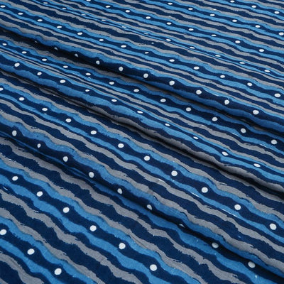 Navy Blue & Grey Waves Printed Pure Cotton Fabric