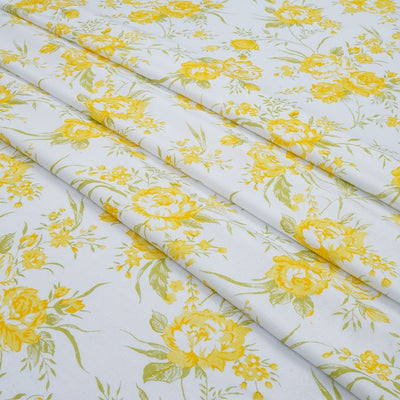 Yellow & White Floral Printed Cotton Rayon Fabric