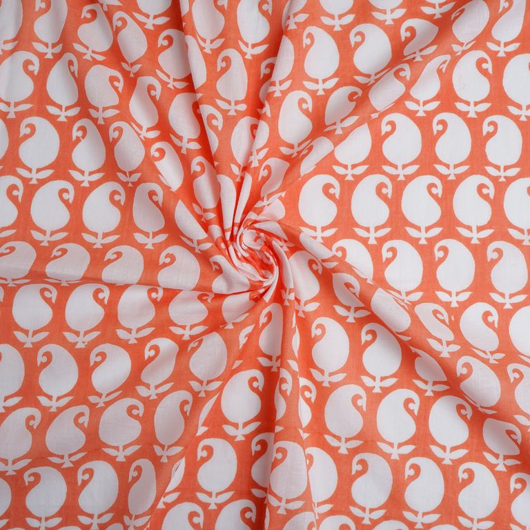 Peach & White Paisleys Printed Pure Cotton Fabric