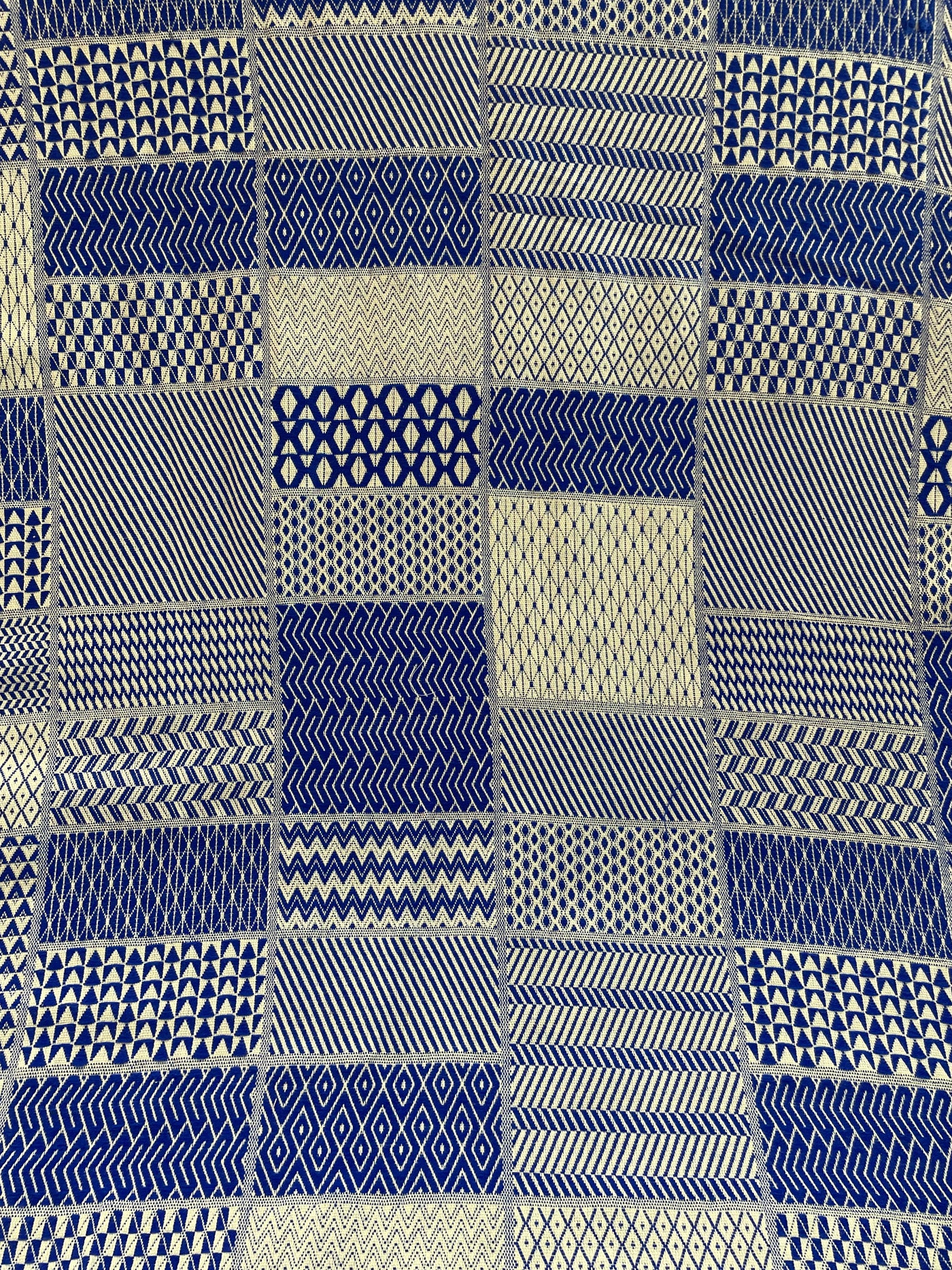 Blue & White Geometric Patchwork Cotton Jacquard Fabric