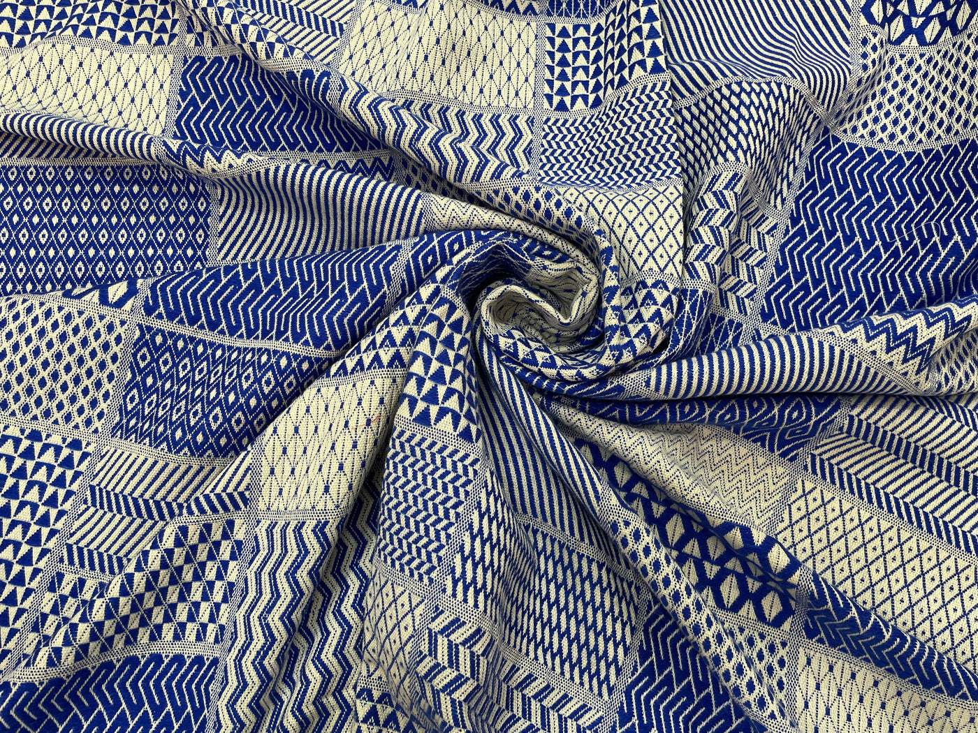 Blue & White Geometric Patchwork Cotton Jacquard Fabric