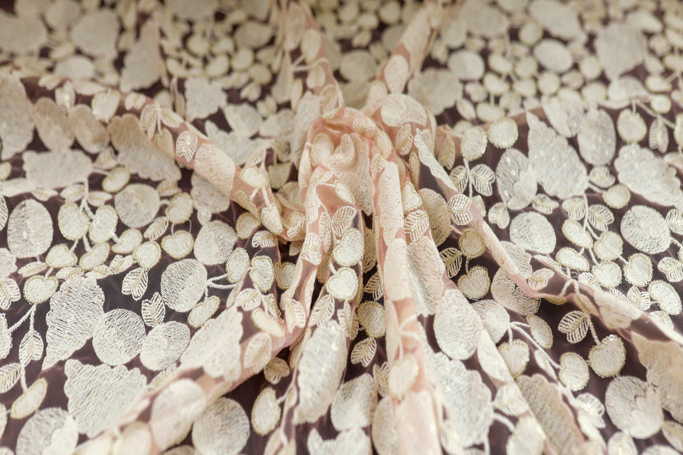 Pink Floral Embroidered Net Fabric