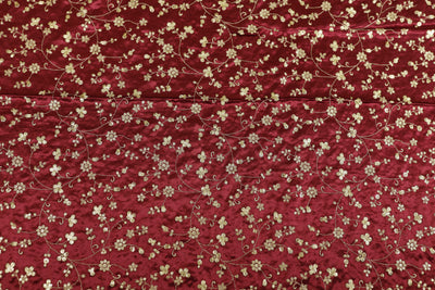 Maroon Floral Embroidered Viscose Gaji Silk Fabric