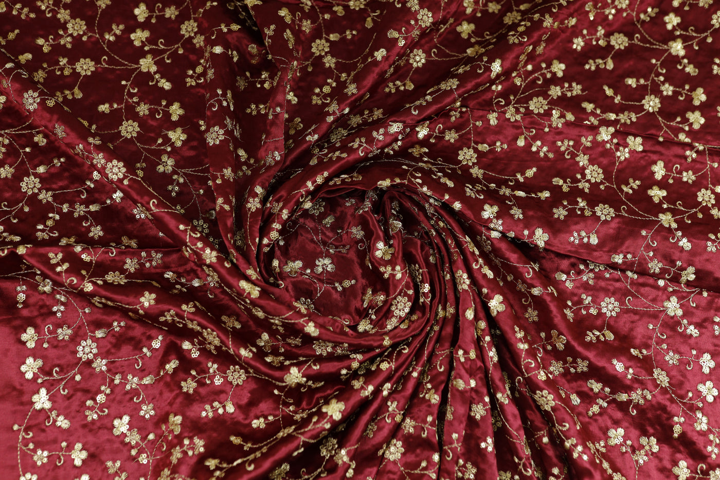 Maroon Floral Embroidered Viscose Gaji Silk Fabric