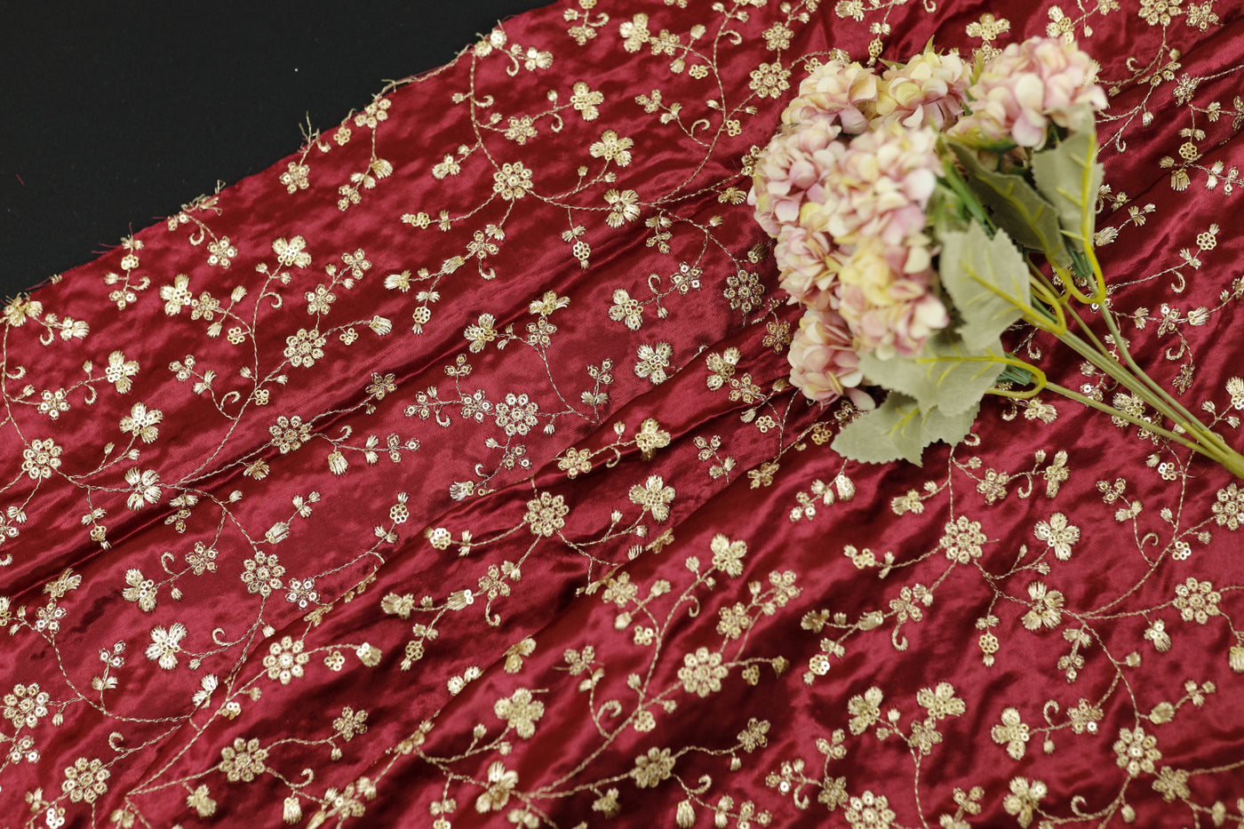 Maroon Floral Embroidered Viscose Gaji Silk Fabric