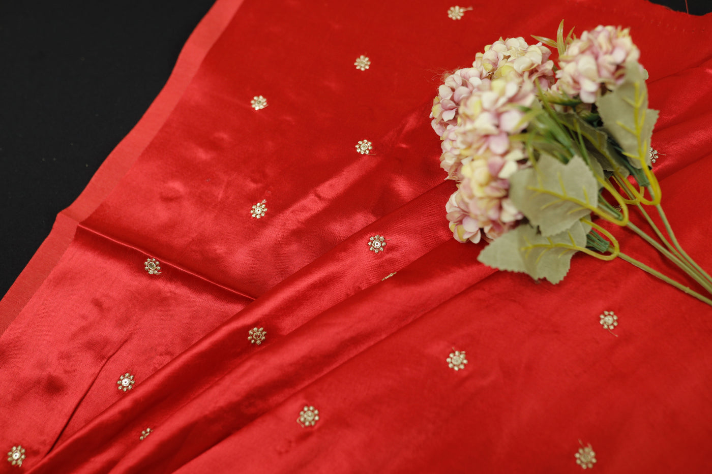 Bright Red Motifs Embroidered Viscose Gaji Silk Fabric