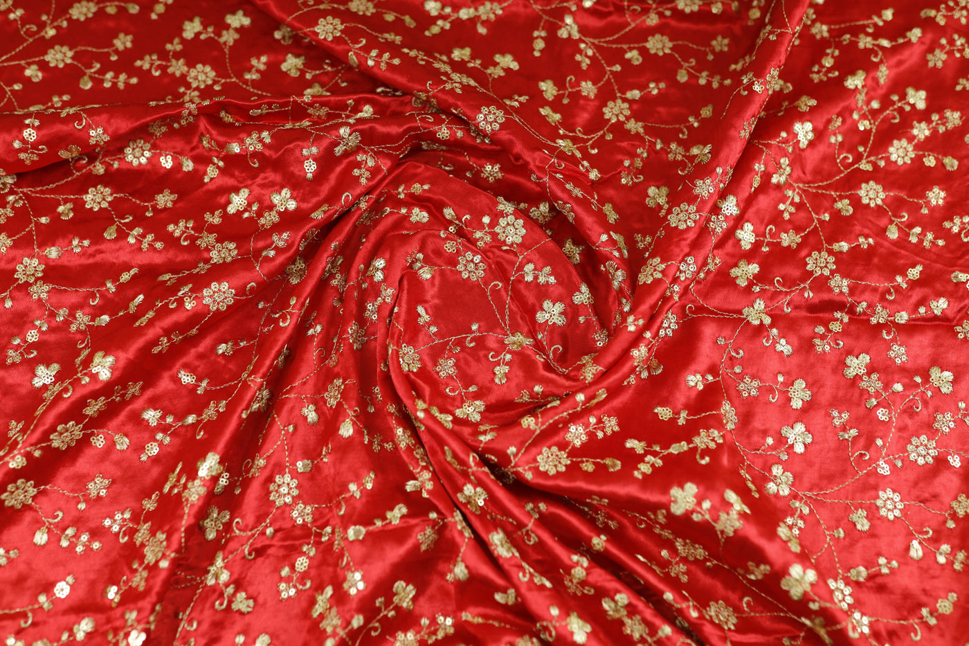 Red Floral Embroidered Viscose Gaji Silk Fabric