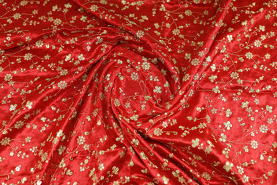 Red Floral Embroidered Viscose Gaji Silk Fabric