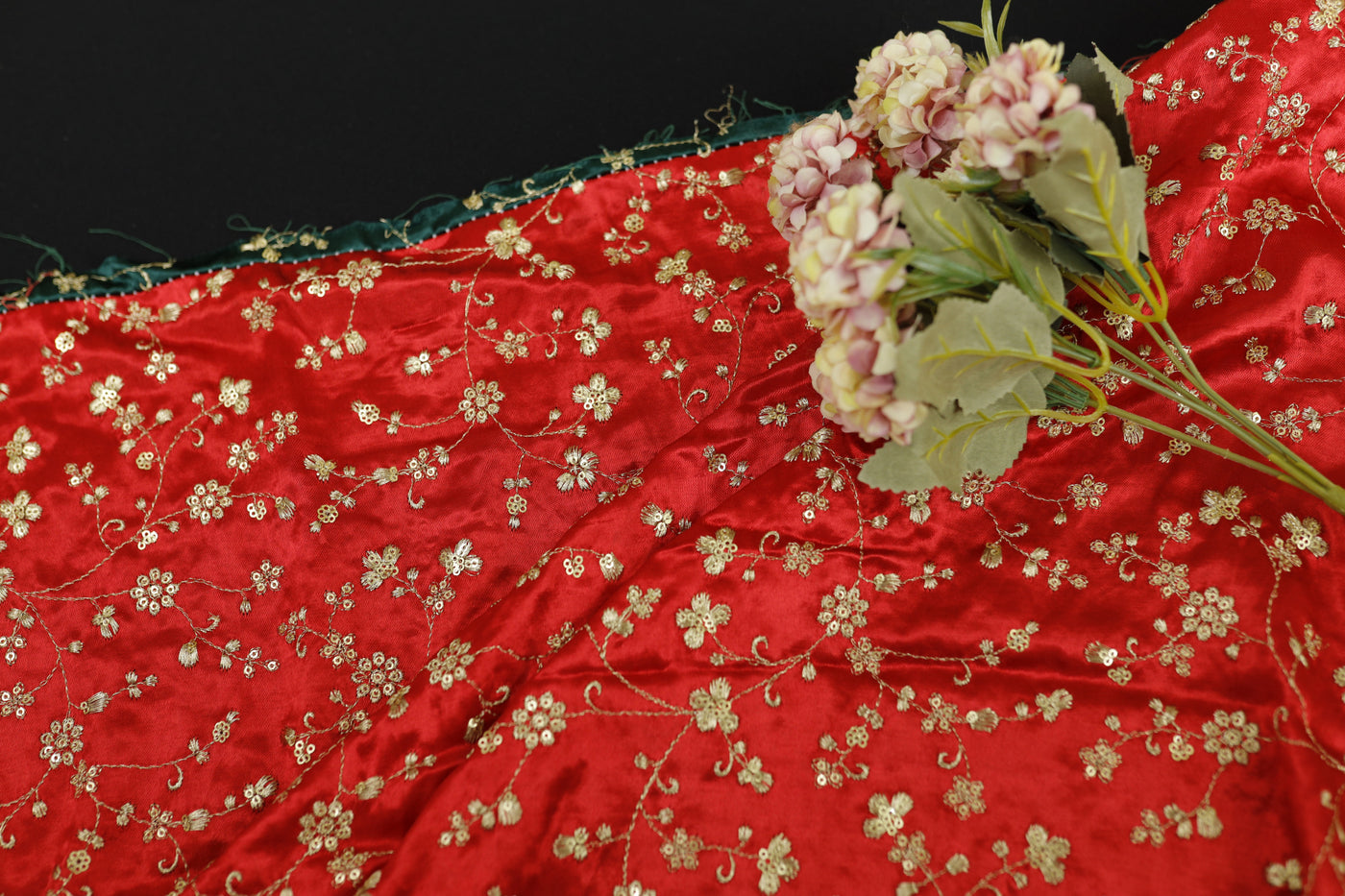 Red Floral Embroidered Viscose Gaji Silk Fabric