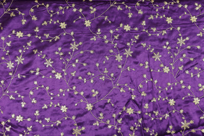 Dark Purple Floral Embroidered Viscose Gaji Silk Fabric