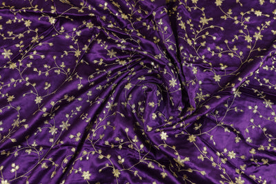 Dark Purple Floral Embroidered Viscose Gaji Silk Fabric