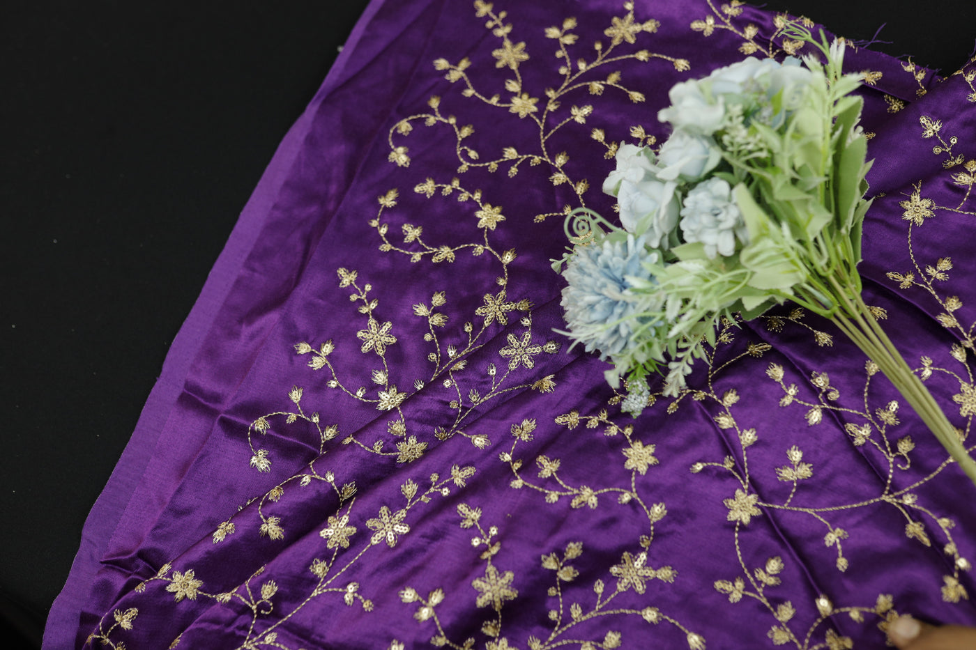 Dark Purple Floral Embroidered Viscose Gaji Silk Fabric