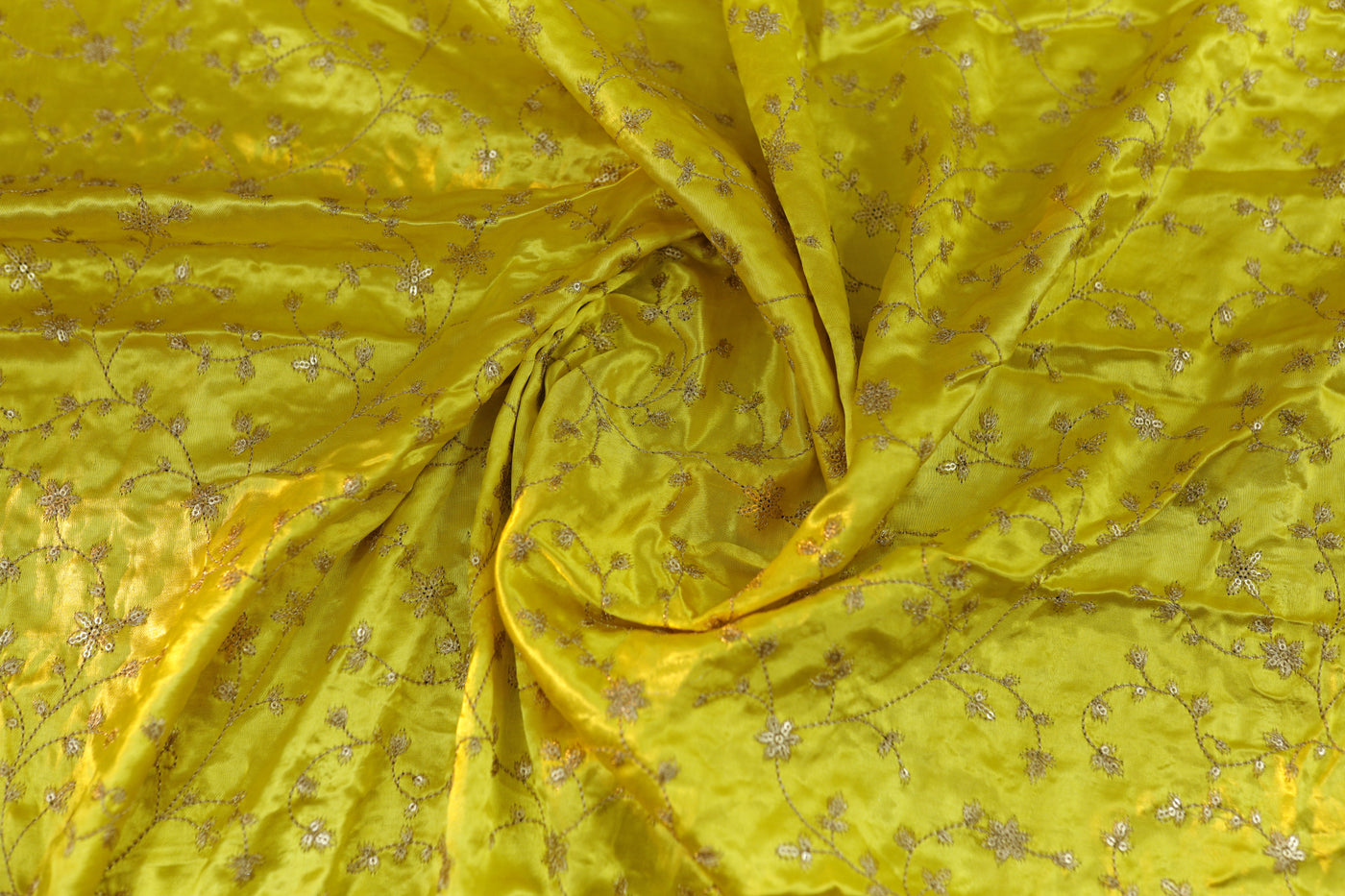 Yellow Floral Embroidered Viscose Gaji Silk Fabric