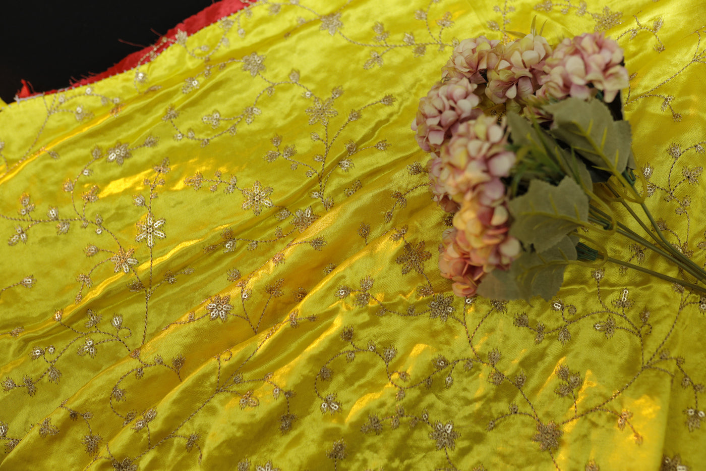 Yellow Floral Embroidered Viscose Gaji Silk Fabric