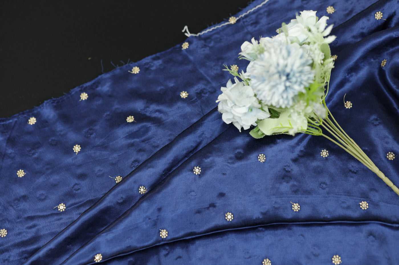 Navy Blue Motifs Embroidered Viscose Gaji Silk Fabric