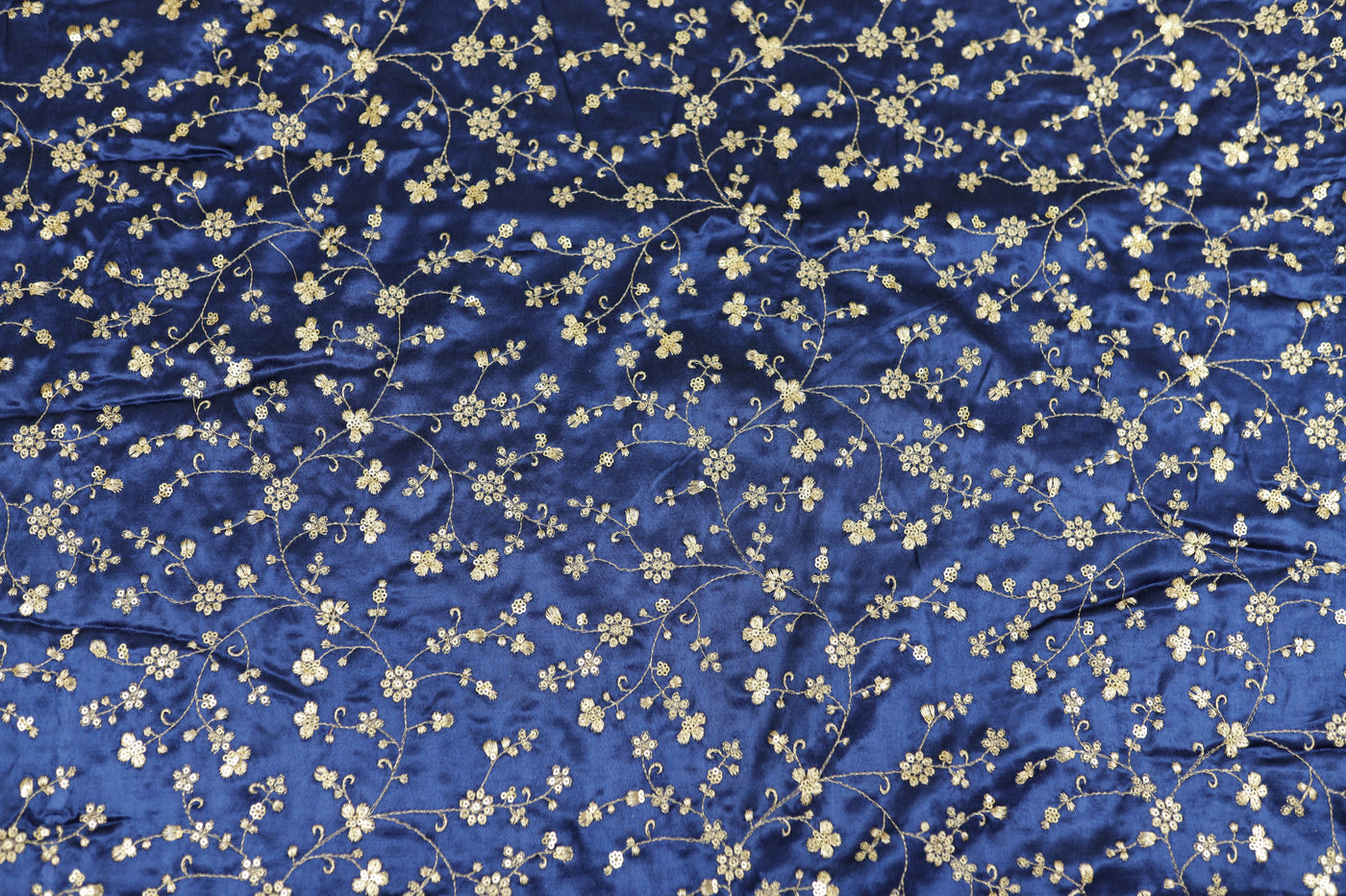 Navy Blue Floral Embroidered Viscose Gaji Silk Fabric