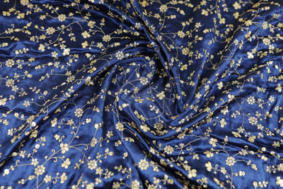 Navy Blue Floral Embroidered Viscose Gaji Silk Fabric