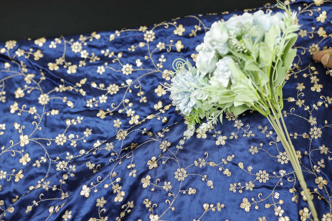 Navy Blue Floral Embroidered Viscose Gaji Silk Fabric