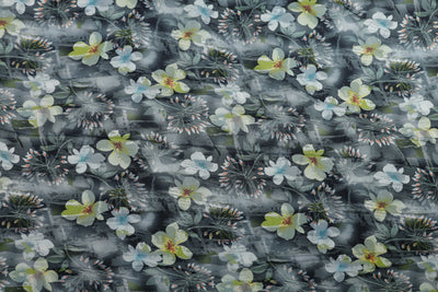 Grey Floral Printed Viscose Dola Silk Fabric