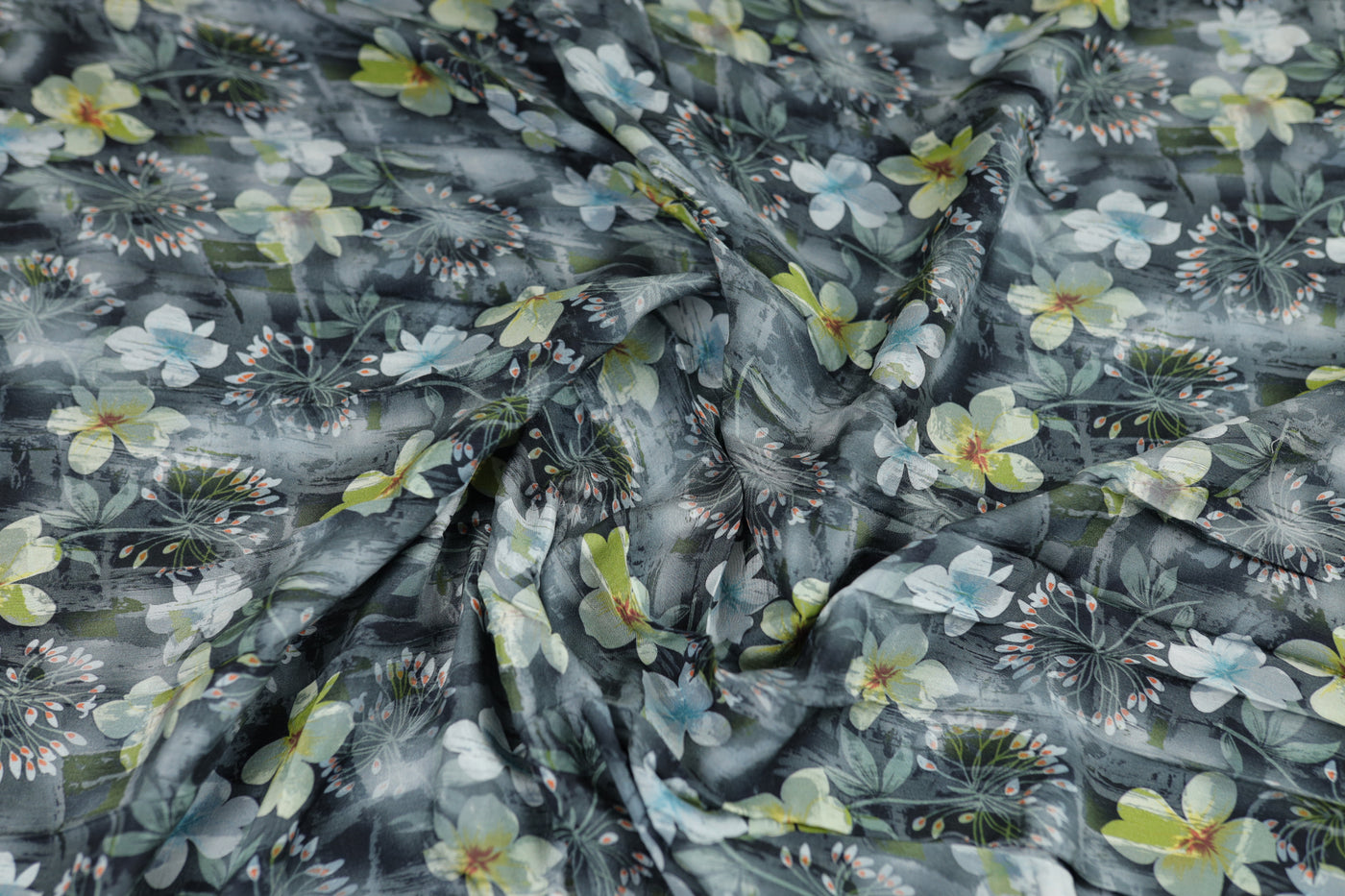 Grey Floral Printed Viscose Dola Silk Fabric