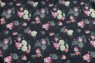 Dark Grey Floral Printed Viscose Dola Silk Fabric