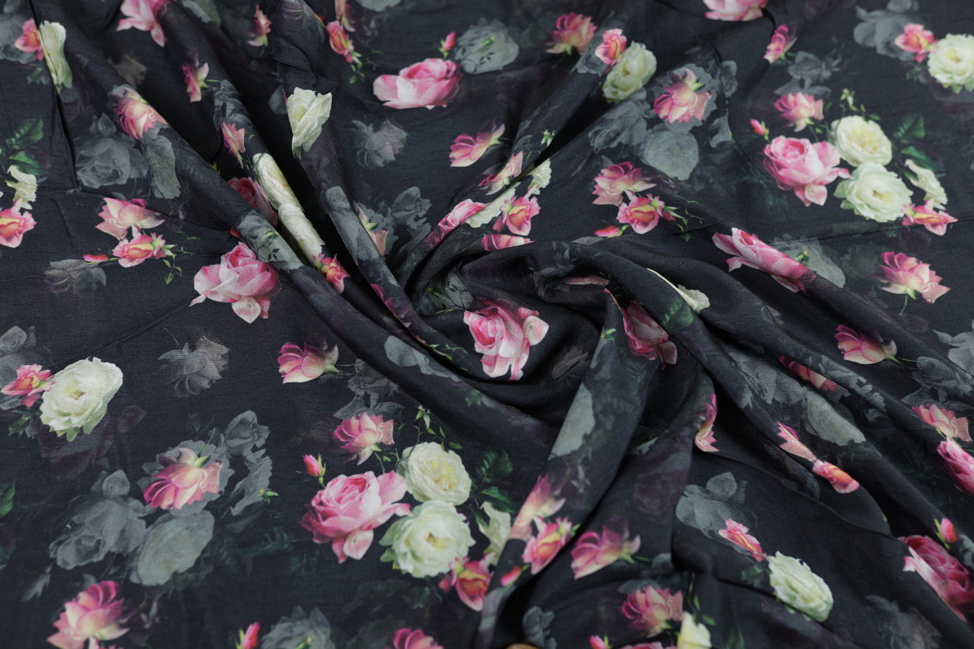 Dark Grey Floral Printed Viscose Dola Silk Fabric