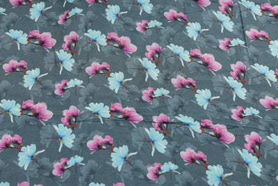 Grey Floral Printed Viscose Dola Silk Fabric