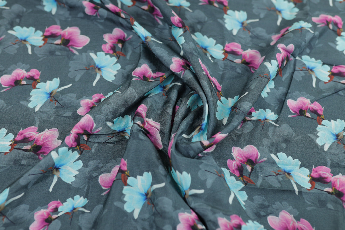 Grey Floral Printed Viscose Dola Silk Fabric