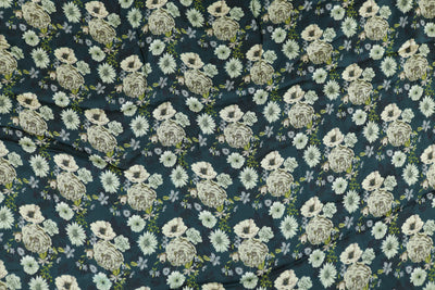 Dark Green Floral Printed Georgette Satin Fabric