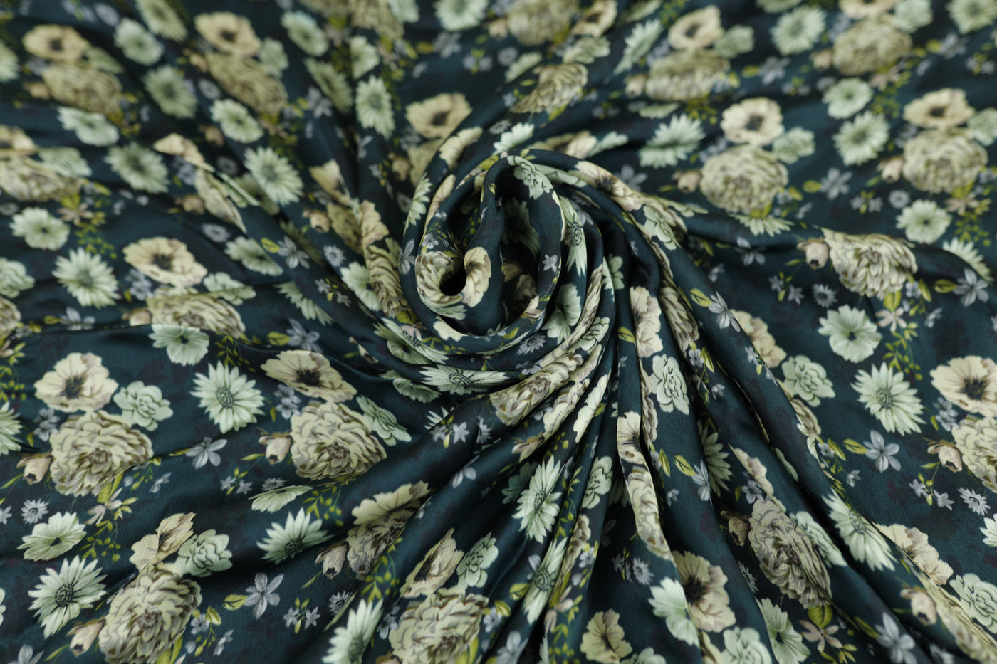 Dark Green Floral Printed Georgette Satin Fabric