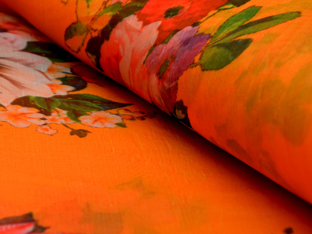 Orange Floral Digital Printed Semi Organza Fabric