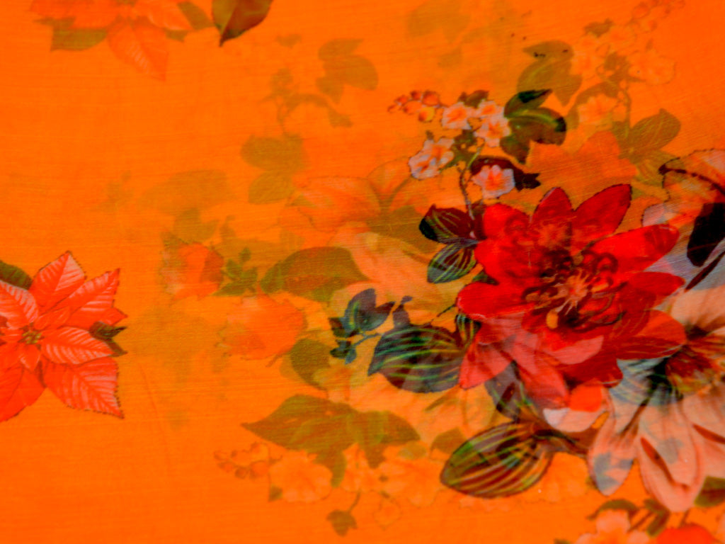 Orange Floral Digital Printed Semi Organza Fabric
