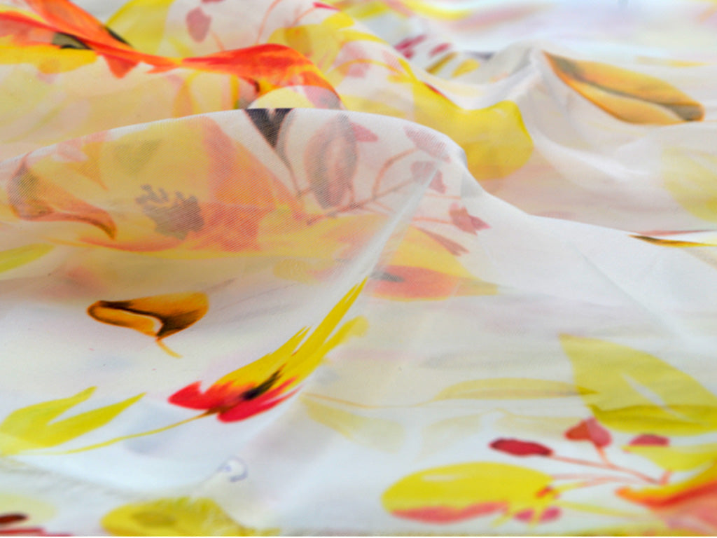 White Floral Digital Printed Semi Organza Fabric