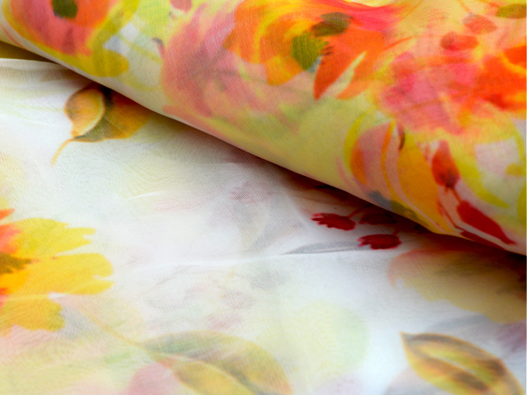 White Floral Digital Printed Semi Organza Fabric