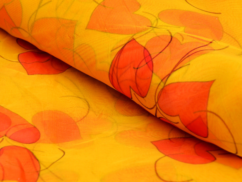 Yellow Hearts Digital Printed Semi Organza Fabric