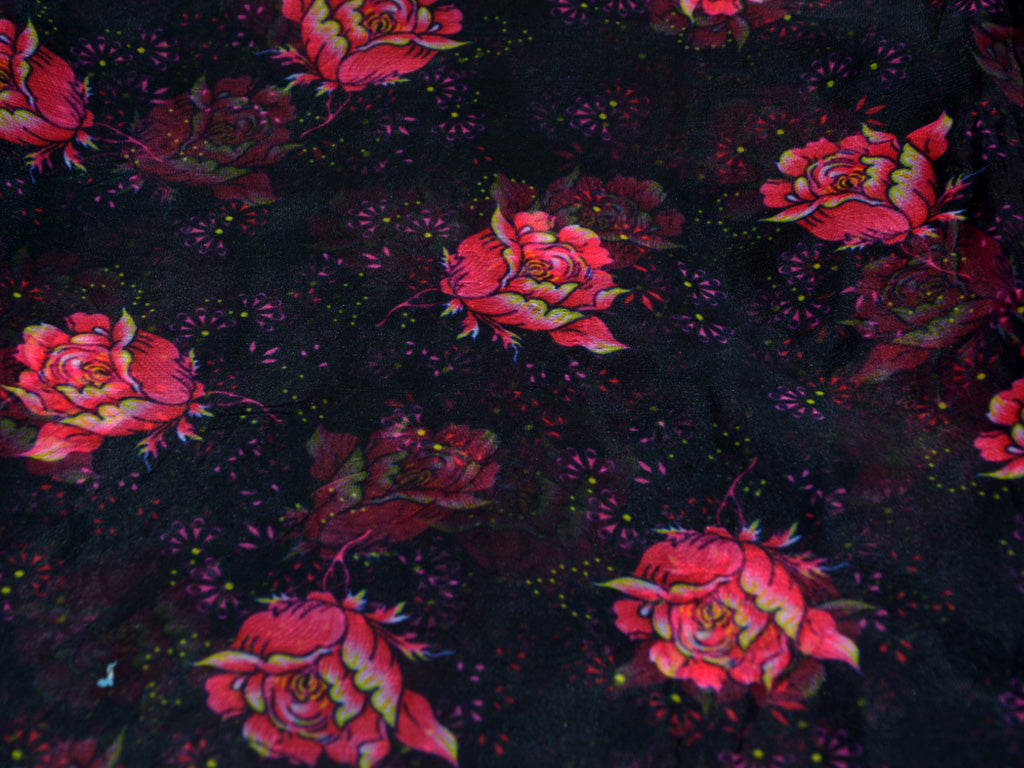 Precut of 1.5 Meter Black Floral Digital Printed Semi Organza Fabric