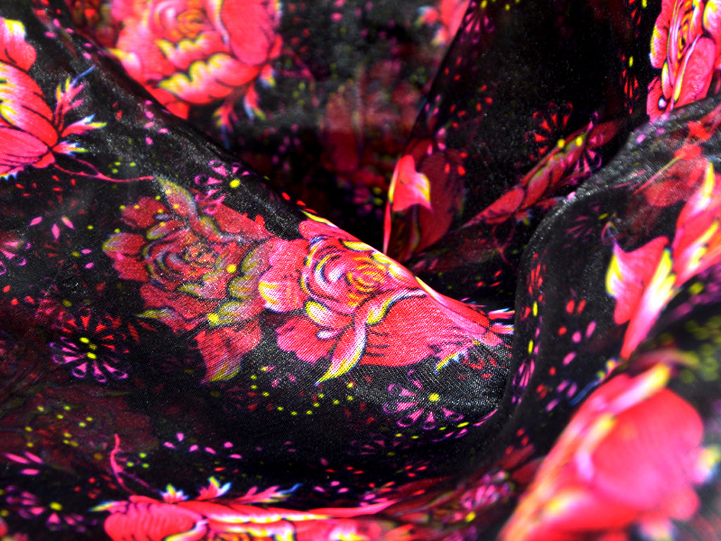 Black Floral Digital Printed Semi Organza Fabric