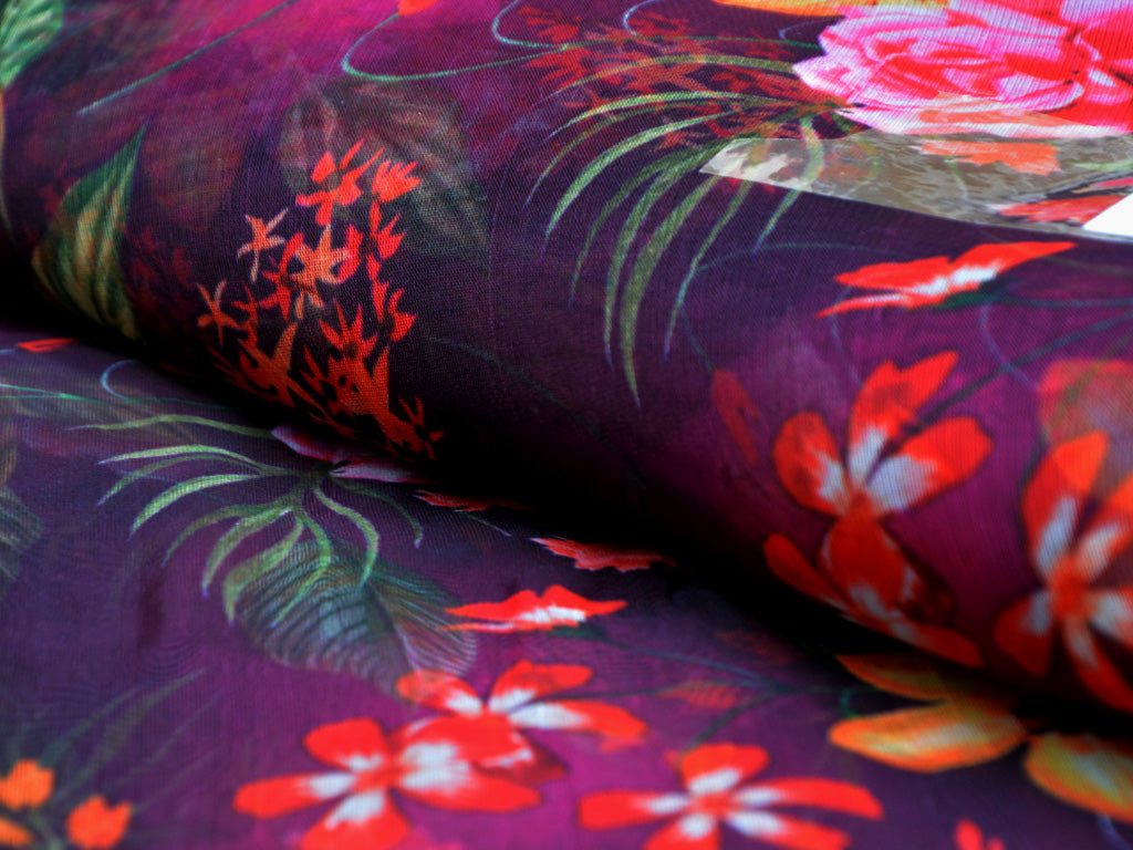 Maroon Floral Digital Printed Semi Organza Fabric